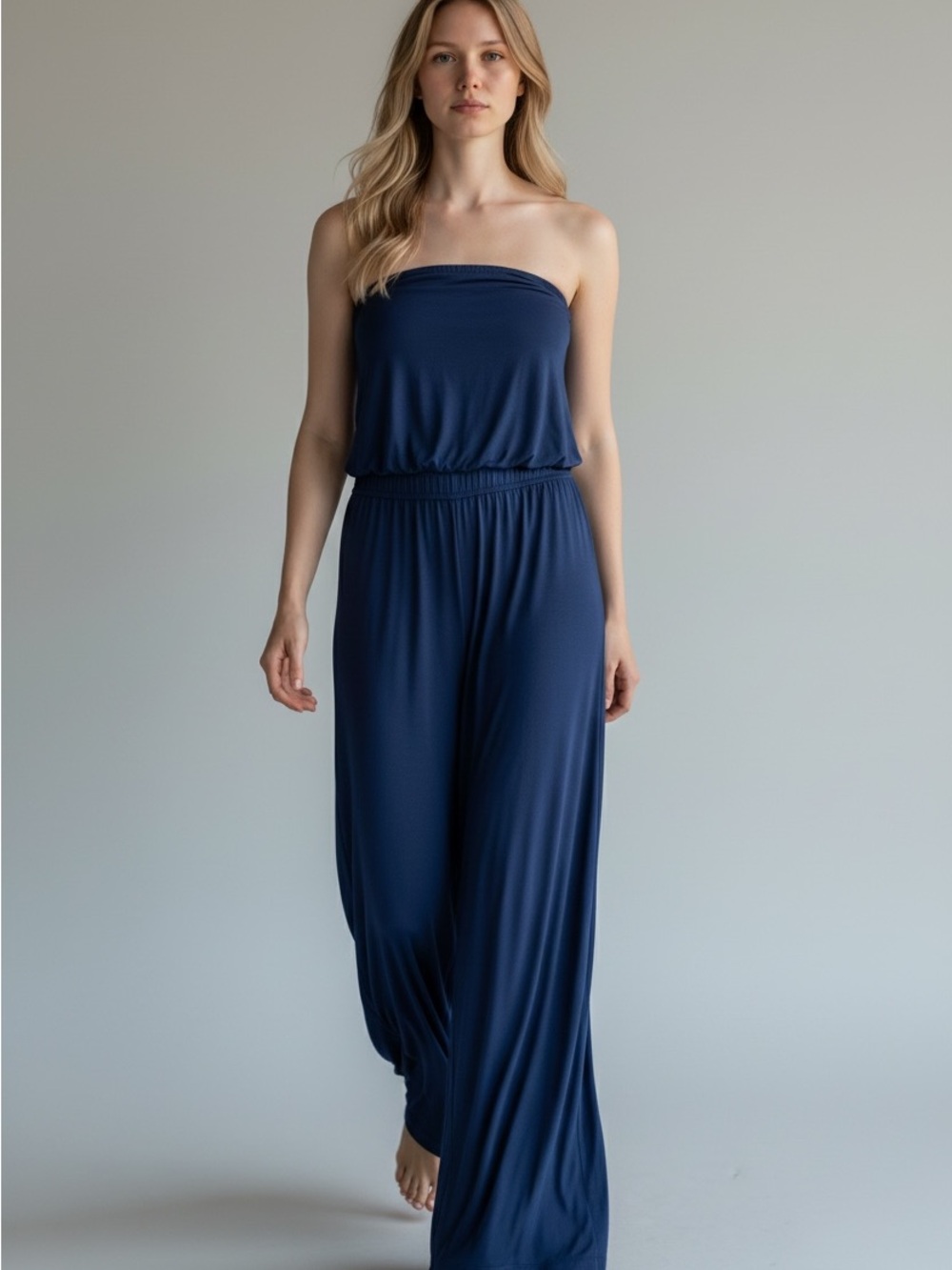 Strapless Wide-Leg Jumpsuit in Deep Blue